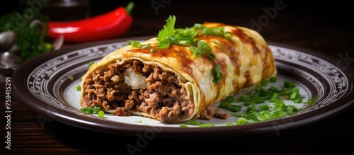 A burrito is a type of sandwich wrap filled with meat and vegetables, often served on a plate as a popular dish in Mexican cuisine photo