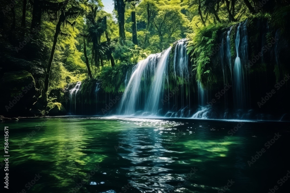 Obraz premium Enchanting Waterfall in Lush Green Forest, Sunlight Filtering Through Canopy, Creating Magical Play of Light and Shadow on Cascading Water Below, Breathtaking Sight of Natures Beauty
