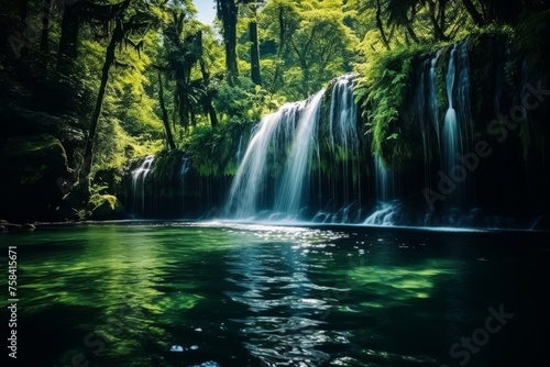 Enchanting Waterfall in Lush Green Forest, Sunlight Filtering Through Canopy, Creating Magical Play of Light and Shadow on Cascading Water Below, Breathtaking Sight of Natures Beauty