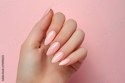 female hand with pink french nails on a pink background