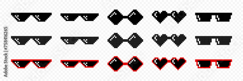 Vector Pixelated Sunglasses, Pixel Boss Glasses Icon Set in 8 bit Retro Style. Summer Meme Game 8-bit Sunglasses Design, Mafia Gangster Funky Sunglasses. Rap Music Design Element