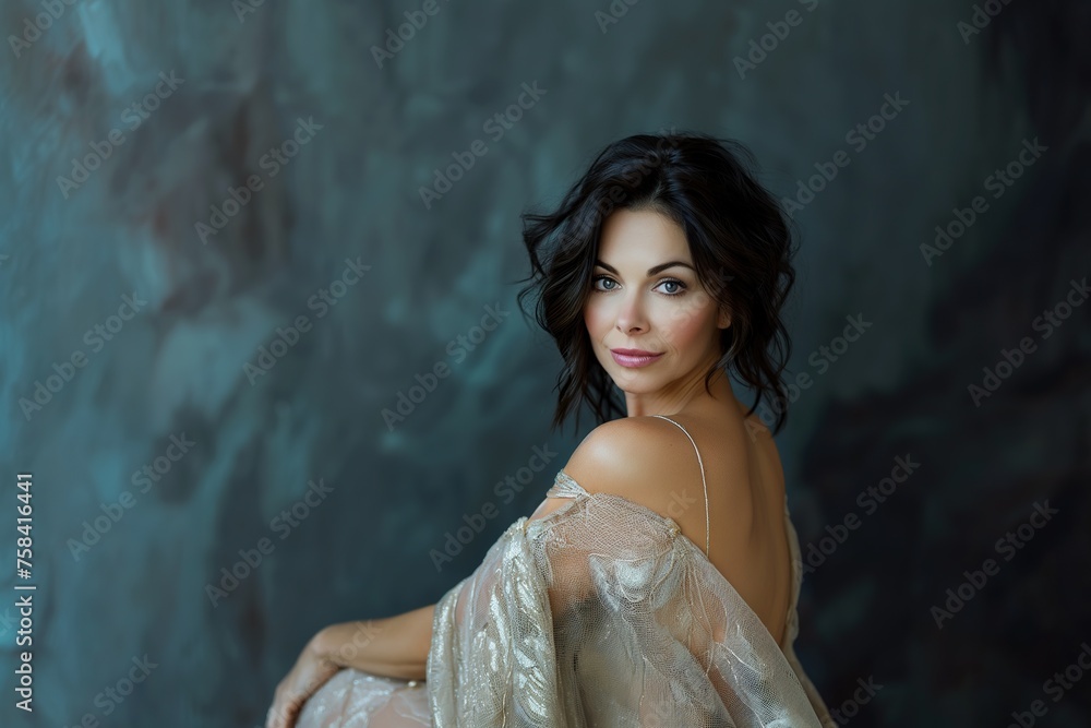 Middle-aged woman in a white dress posing for a portrait Middle-aged woman in a white dress posing for a portrait