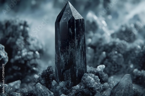 A dark crystal totem standing amongst rugged rocks.