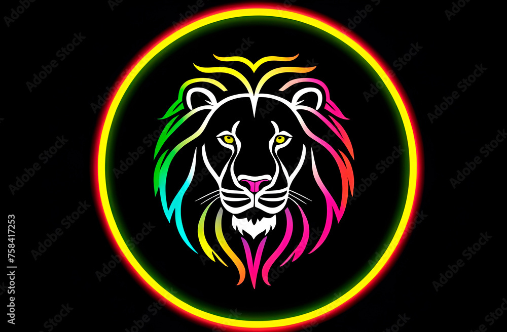A drawing depicting a multicolored lion's head framed in a circle on a black background. A drawing depicting a multicolored lion's head framed in a circle on a black background.