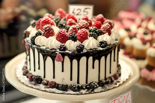 A detailed view of an expensive cake on a plate with a price tag.