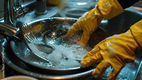 close up of two hands in yellow gloves washing dirty plates and silverware with soap and water in a sink. The photo is captured with precision and clarity, using a Leica camera photo