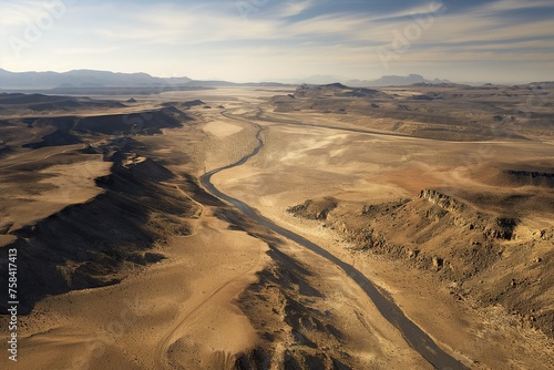 A river snakes through a barren desert landscape in an aerial view.