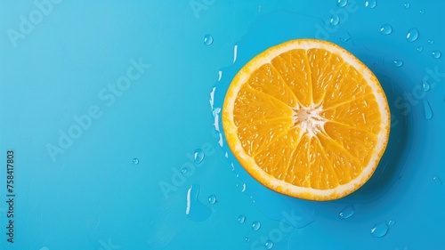Half of a juicy orange with splashes of water on a vibrant blue background  refreshing and summery