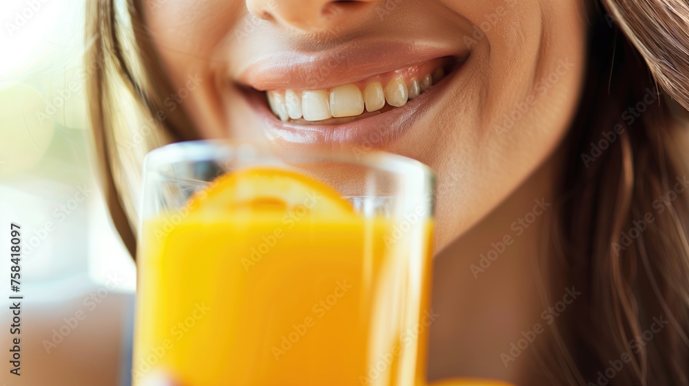 Close-up of a woman smiling with a glass of orange juice in hand Close-up of a woman smiling with a glass of orange juice in hand