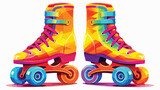 A pair of roller skates with vibrant rainbow wheels
