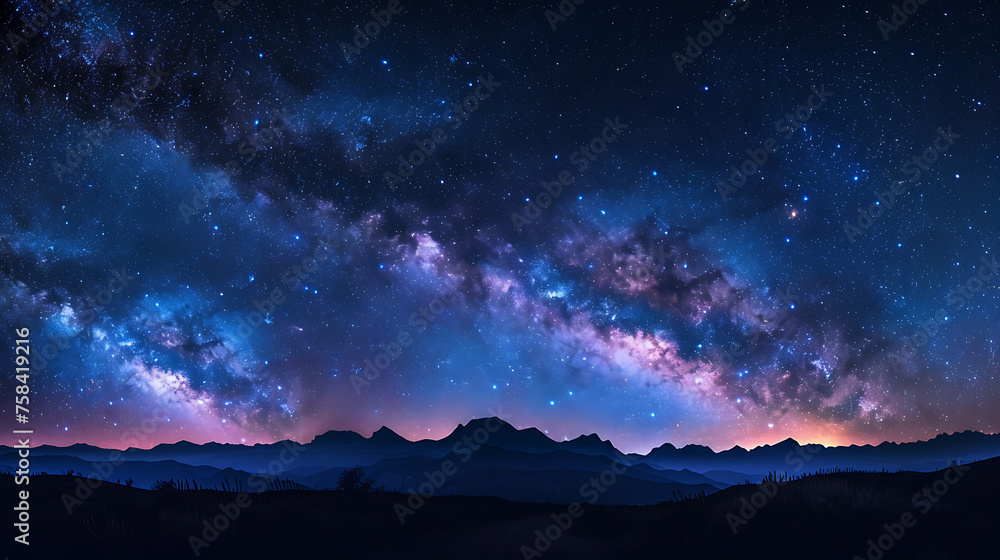 This captivating image portrays a serene and mystical nightscape. The upper part of the image features a night sky adorned with stars of varying sizes