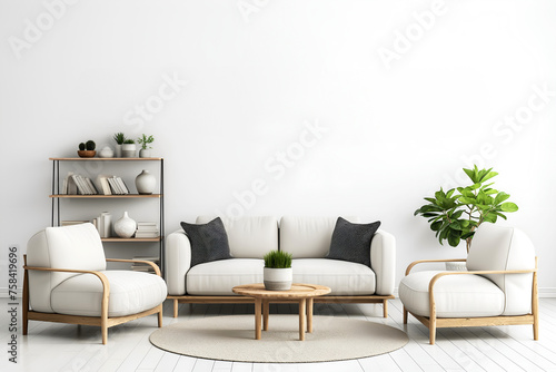 Interior Living Room, Empty Wall Mockup In White Room With White Sofa And Green Plants, 3d Render Real Room Template © Julian Adams