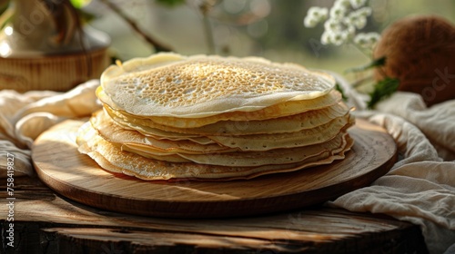 A stack of pancakes sitting on top of a wooden plate