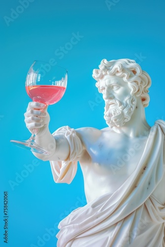A statue of a man holding a glass of wine In a vibrant pop art style, a statue of an ancient god holding a glass of wine, the timeless allure and indulgence