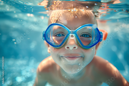 A boy with swim cap and goggles in swimming pool. Child in swimming lesson. Generative AI © Viktoriia