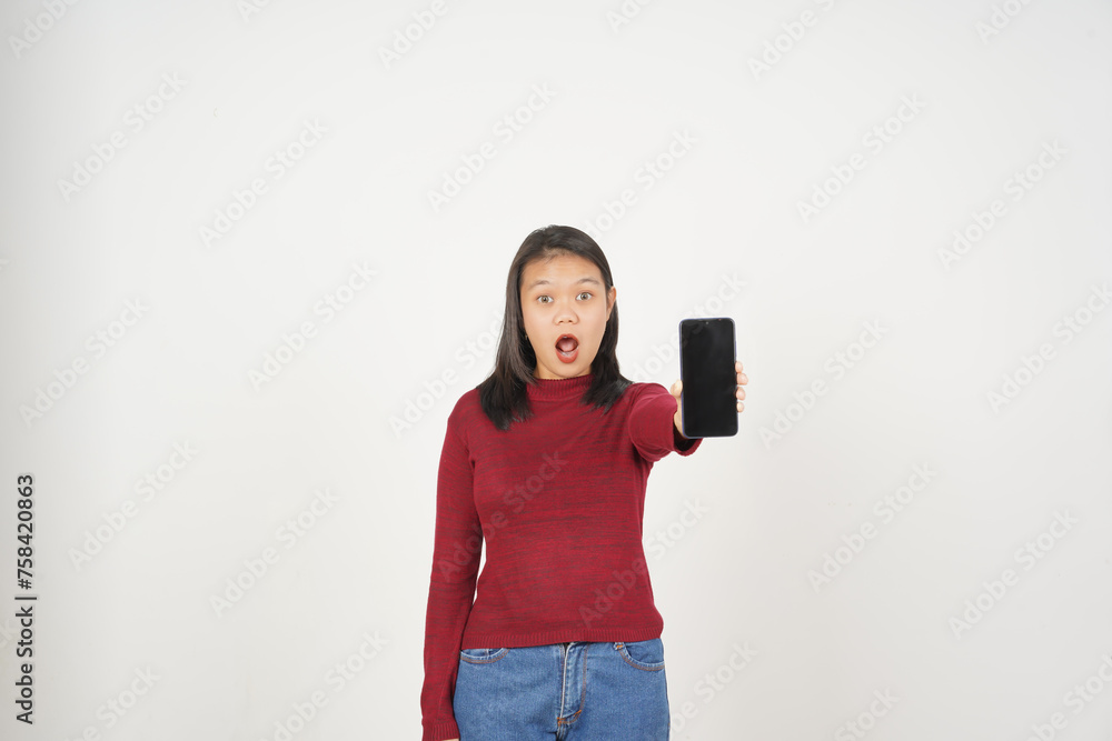 Young Asian woman in Red t-shirt Wow Shocked and Showing smartphone blank screen isolated on white background Young Asian woman in Red t-shirt Wow Shocked and Showing smartphone blank screen isolated on white background