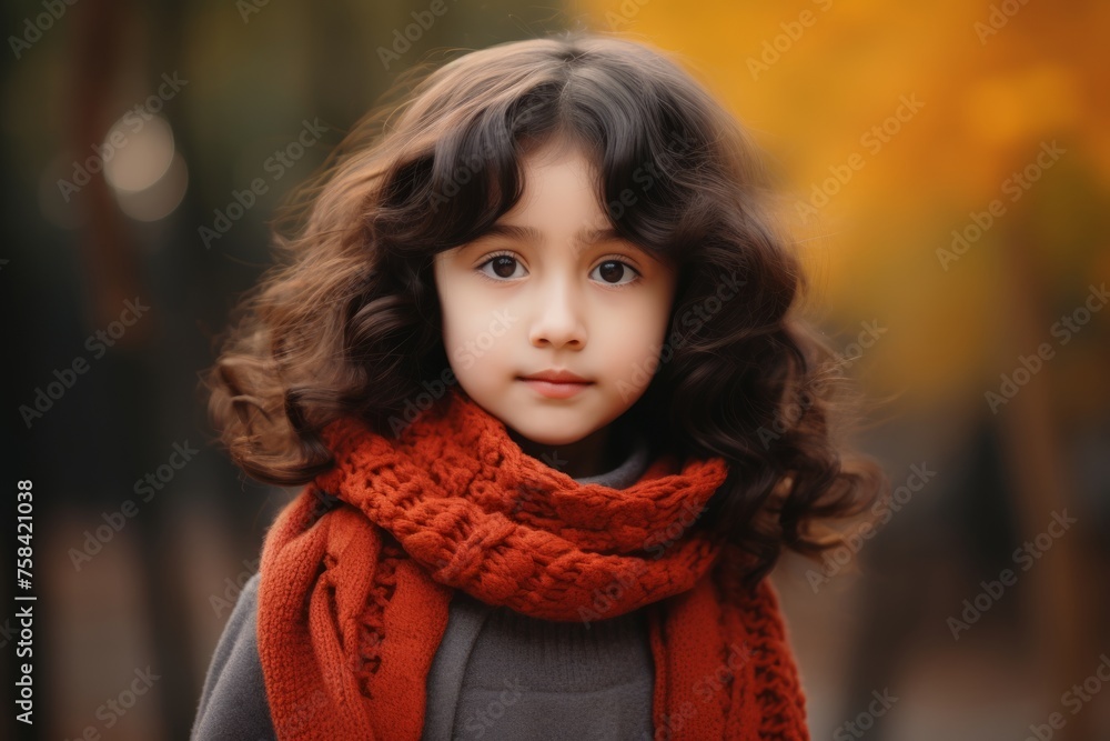 Portrait of a beautiful little girl with curly hair in a red scarf. Portrait of a beautiful little girl with curly hair in a red scarf.