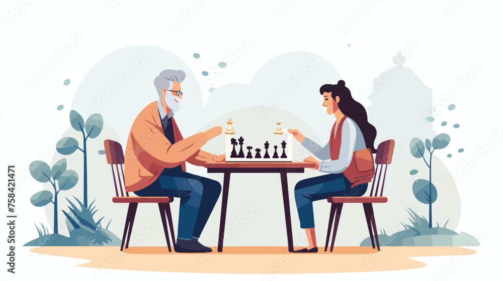 A person playing chess with another person on a par