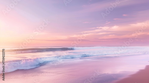 Dawn Breaks over Serene Beach with Pink and Purple Skies.