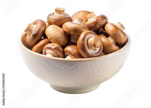 Fresh champignon mushrooms in a bowl isolated on transparent background.