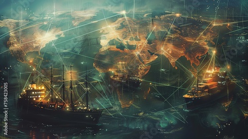 Trade routes connecting continents digital cargo ships