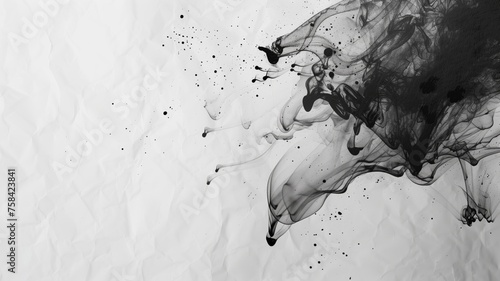 Abstract swirl of black ink diffusing through water against a white background