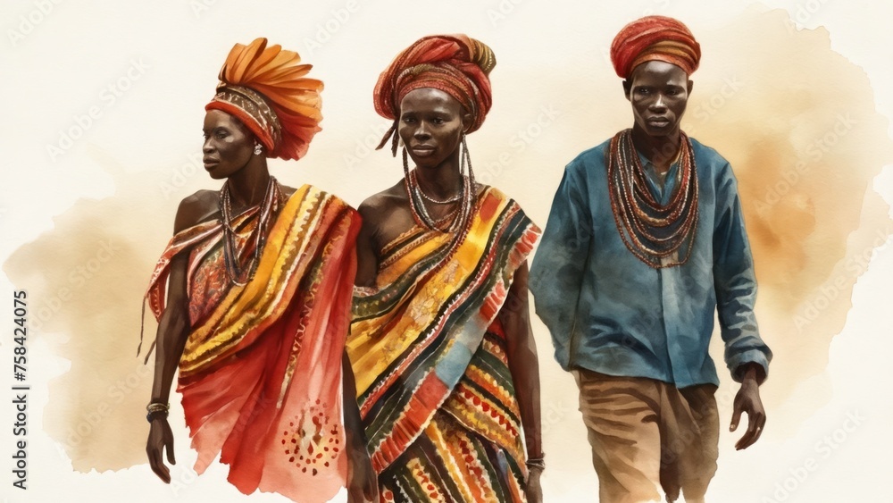 Diverse portraits of African people celebrating their heritage. Watercolor illustration. Africa Day.