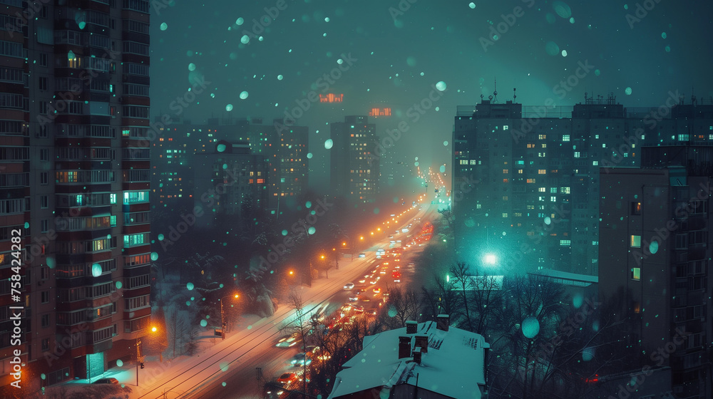 Snowy City Night Traffic View