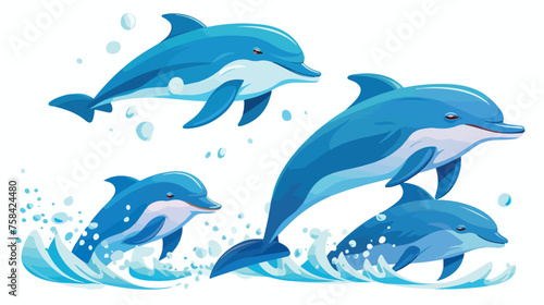 A playful group of dolphins leaping out of the ocean
