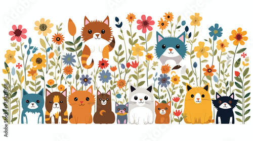 A playful pattern of cartoon animals like cats and © iclute4