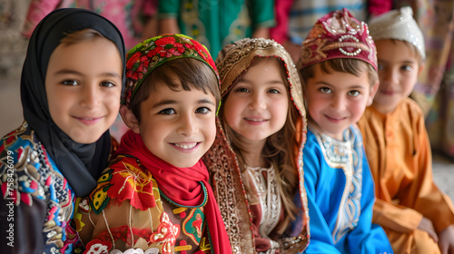  a group of children wearing traditional clothes, celebrating Ramadan with smiles and joy.