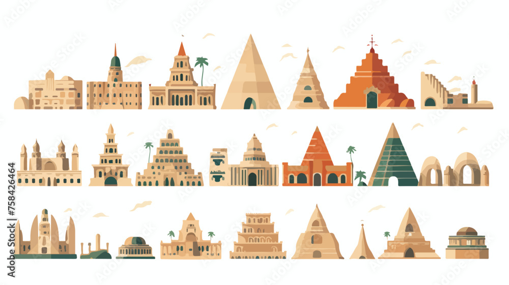 A playful pattern of historical landmarks like pyramid