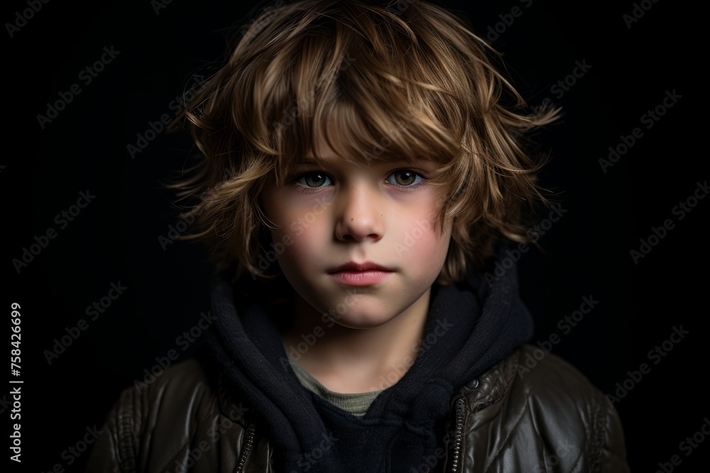 Portrait of a boy on a black background. Close-up. Portrait of a boy on a black background. Close-up.