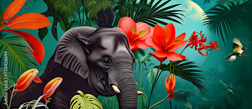 Jungle, tropical illustration. elephant animal nature mammal jungle. Safari wild African animals. Amazon forest on wallpaper for kids room, interior design. mural art	
