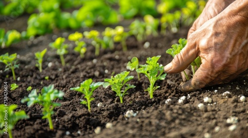 Close-up of farmer's hands planting crops