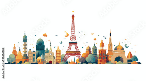 A playful pattern of landmarks like Eiffel Tower 