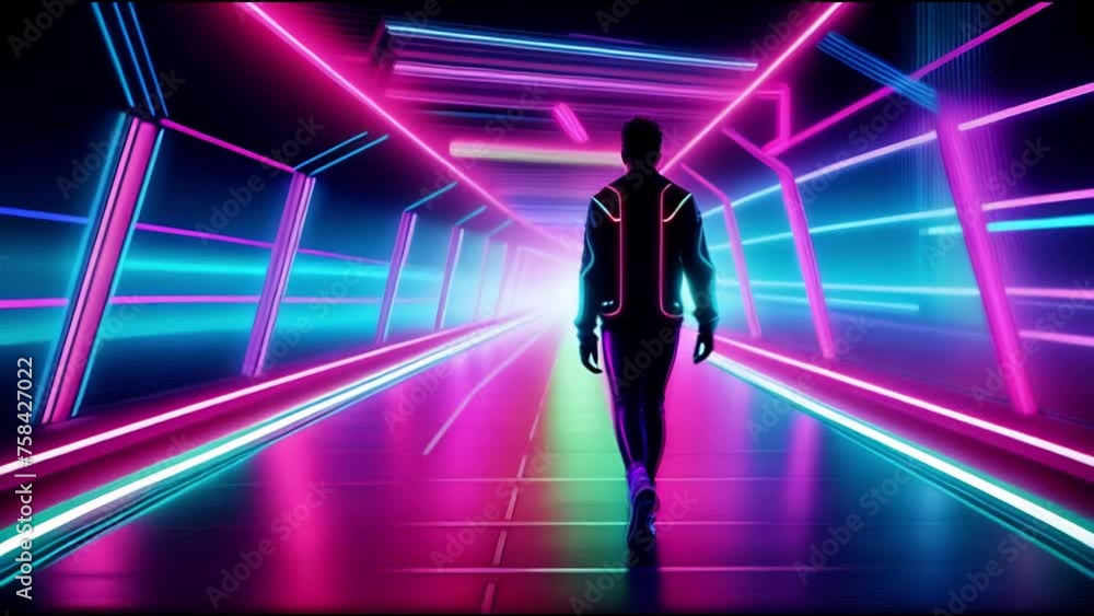 Man Walking Through Neon-Lit Tunnel Generative AI Man Walking Through Neon-Lit Tunnel Generative AI