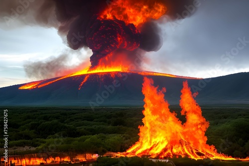 火山の噴火で補脳と煙が吹き出す災害の様子、流れ出す溶岩、火山灰 photo