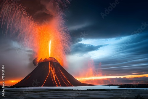 火山の噴火で補脳と煙が吹き出す災害の様子、流れ出す溶岩、火山灰 photo