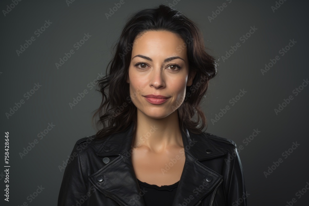 Portrait of a beautiful woman in a leather jacket on a dark background Portrait of a beautiful woman in a leather jacket on a dark background