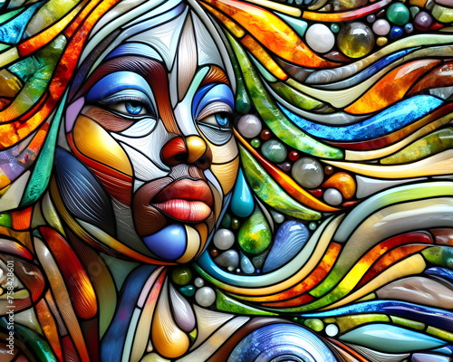 a woman with a colorful dress, colorful glass art