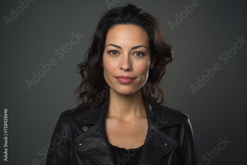 Portrait of a beautiful woman in a leather jacket on a dark background