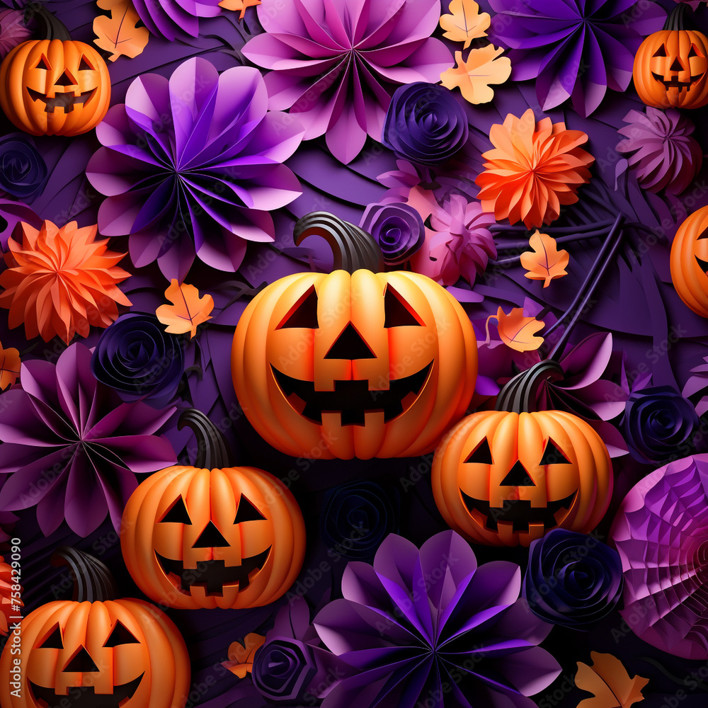Purple and orange halloween background with various pumpkins created with Generative Ai Purple and orange halloween background with various pumpkins created with Generative Ai