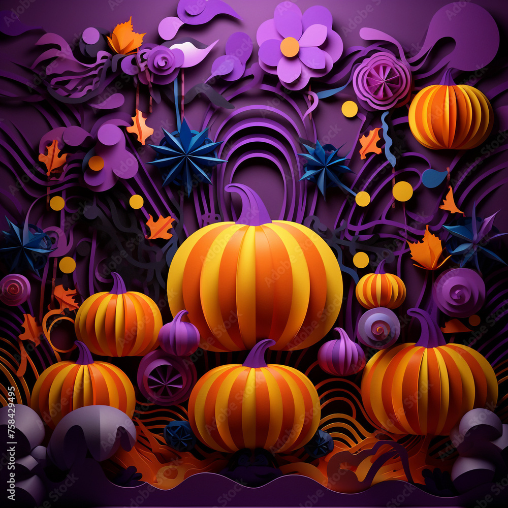 Purple and orange halloween background with various pumpkins created with Generative Ai Purple and orange halloween background with various pumpkins created with Generative Ai
