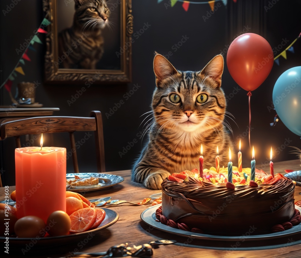 A cat sits at a table with a chocolate frosted cake and lit candles in front of it. A cat sits at a table with a chocolate frosted cake and lit candles in front of it.