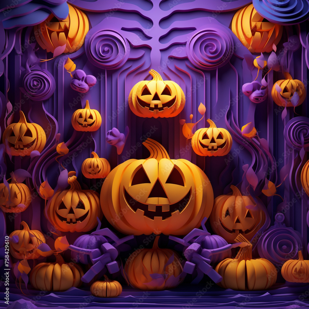 Purple and orange halloween background with various pumpkins created with Generative Ai Purple and orange halloween background with various pumpkins created with Generative Ai