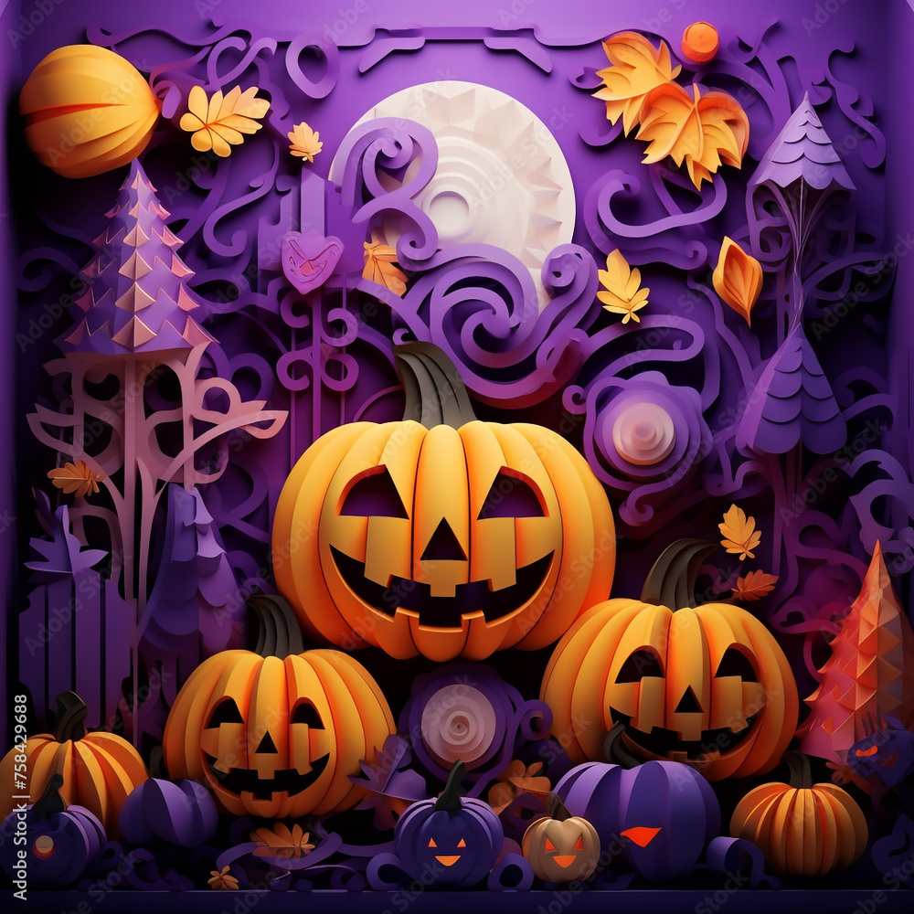Purple and orange halloween background with various pumpkins created with Generative Ai Purple and orange halloween background with various pumpkins created with Generative Ai