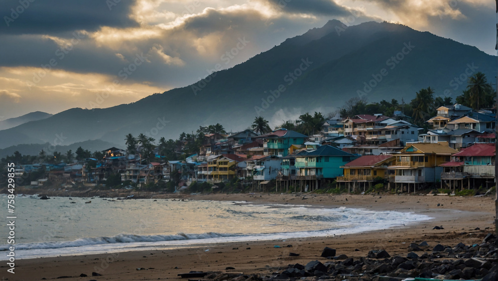 A photo of a costal village with a mountain in the background.