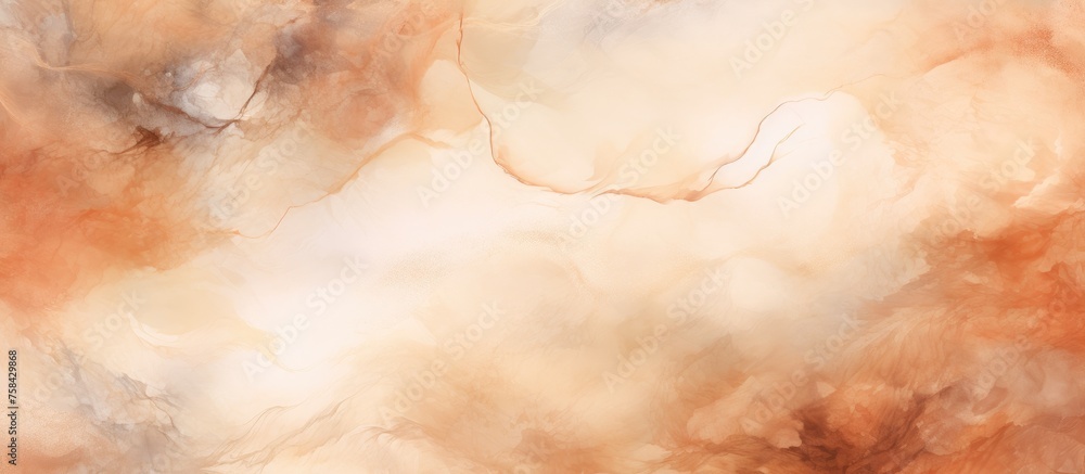 A detailed view of a marble texture showcasing various shades of brown and white resembling smoke, cumulus clouds, and meteorological events in a natural landscape