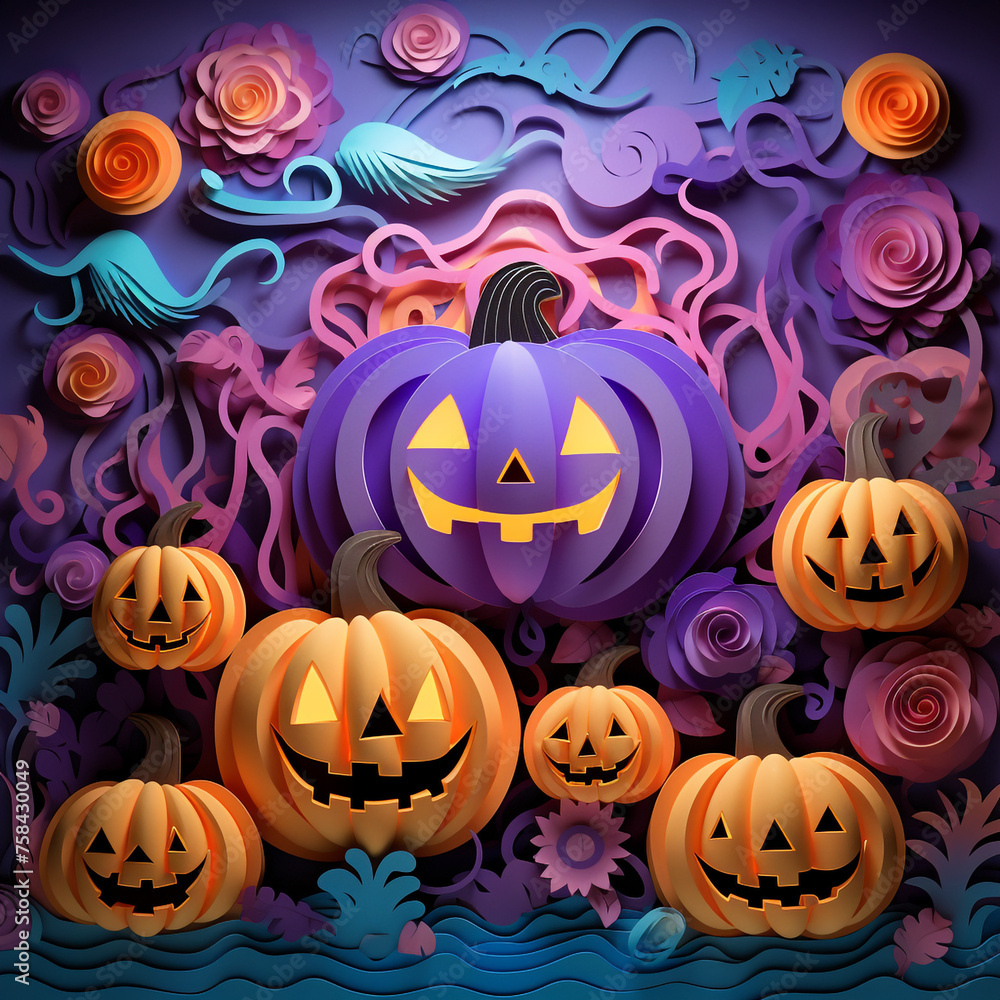 Purple and orange halloween background with various pumpkins created with Generative Ai Purple and orange halloween background with various pumpkins created with Generative Ai